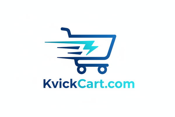 “Sleek modern logo for an e-commerce brand named KvickCart.com. Design a clean, minimal shopping cart icon combined with a lightning/fast-motion element. Use smooth geometric lines, bold simplicity, futuristic style, professional tech-brand vibe, balanced proportions, vector style, high detail, no background.”